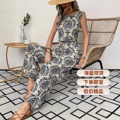 2025年欧米貿易夏婦人服プリントノースリーブトップスワイドレッグパンツスーツ、女性らしいエレガントなプリントスーツ