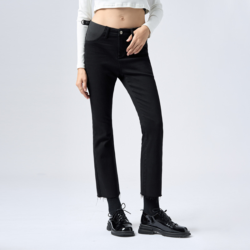 Maternity Flared Pants for Spring and Autumn, Low-Rise Jeans with No Belly Support, Fleece-Lined and Thickened, Petite Cropped Bootcut Pants for Outerwear
