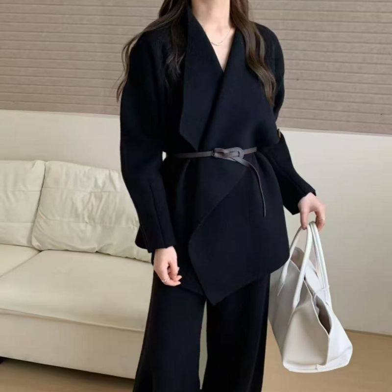 秋冬新款跨境外贸高级感气质针织套装女翻领毛慵懒衣阔腿裤两件套|undefined