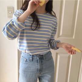 跨境2021年春秋装新款韩版条纹t恤女长袖宽松内搭打底衫百搭上衣