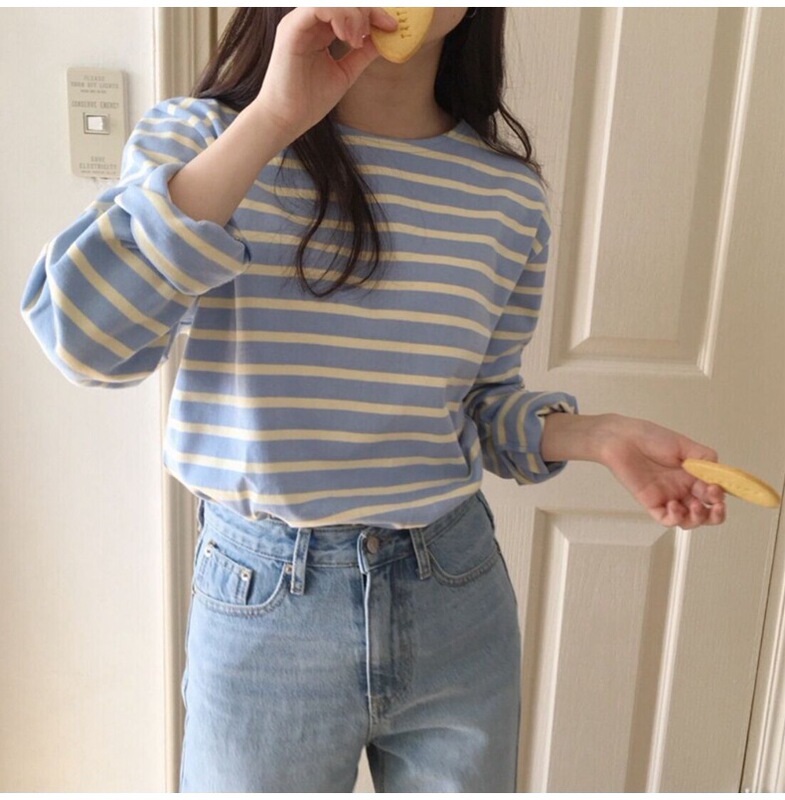 Cross-border 2021 Spring and Autumn New Arrival Korean-style Striped T-shirt Women's Long-sleeved Loose Inner Base Shirt All-match Top Cross-border 2021 Spring and Autumn New Arrival Korean-style Striped T-shirt Women's Long-sleeved Loose Inner Base Shirt All-match Top