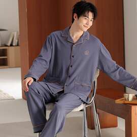 【L-4XL】春秋莫代尔男士长袖长裤开衫翻领睡衣印花休闲男家居服