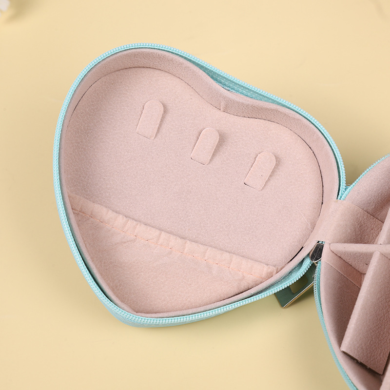 Heart-shaped products travel jewelry necklace earring ring green storage box zipper bag jewelry box storage box ready for sale