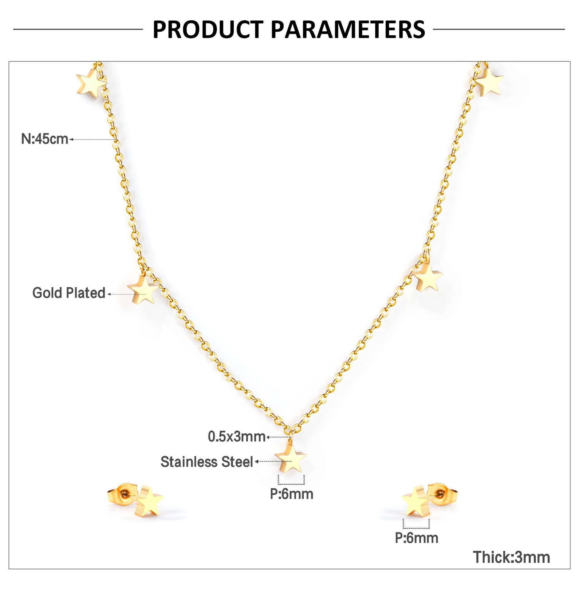 Fashion Star Moon Stainless Steel Plating Earrings Necklace 1 Set