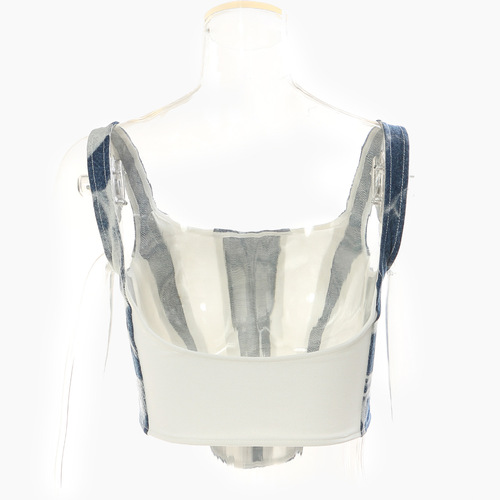 2024 Stitched contrast color washed denim slim fit top and vest suspender female 1646