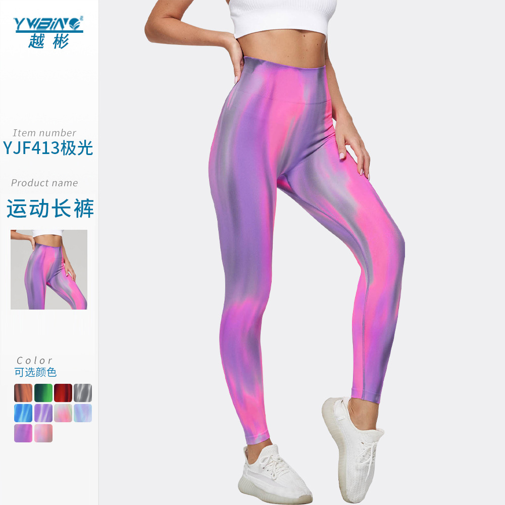 Nueva cintura alta fitness deportes yoga pantalones desgaste exterior cadera levantamiento polainas corbata teñida Aurora corriendo cadera levantamiento pantalones transpirables