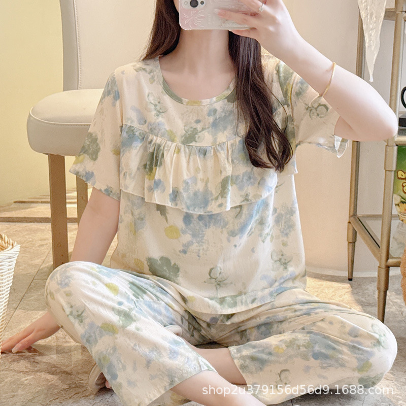 Summer New Women's Pajamas Short-Sleeved Pants Suit Artificial Cotton Fresh Plaid Pastoral Style Cotton Silk Home Clothes Volume