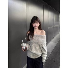 韩都衣舍灰色露肩韩系套头毛衣女秋宽松休闲显瘦长袖上衣