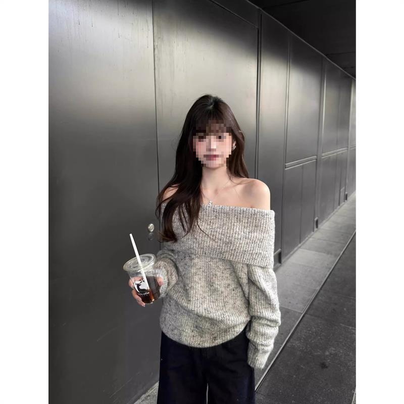 韩都衣舍灰色露肩韩系套头毛衣女秋宽松休闲显瘦长袖上衣