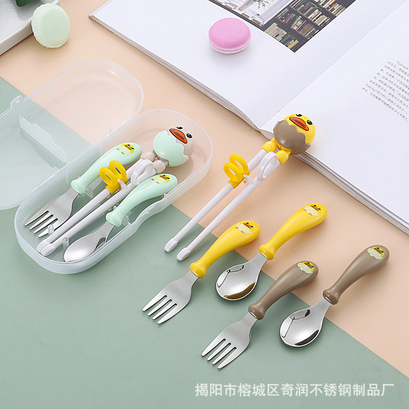 New 304 Stainless Steel Children's Cartoon Training Chopsticks Baby's Cute Food Spoon Fork Portable Three-piece Set