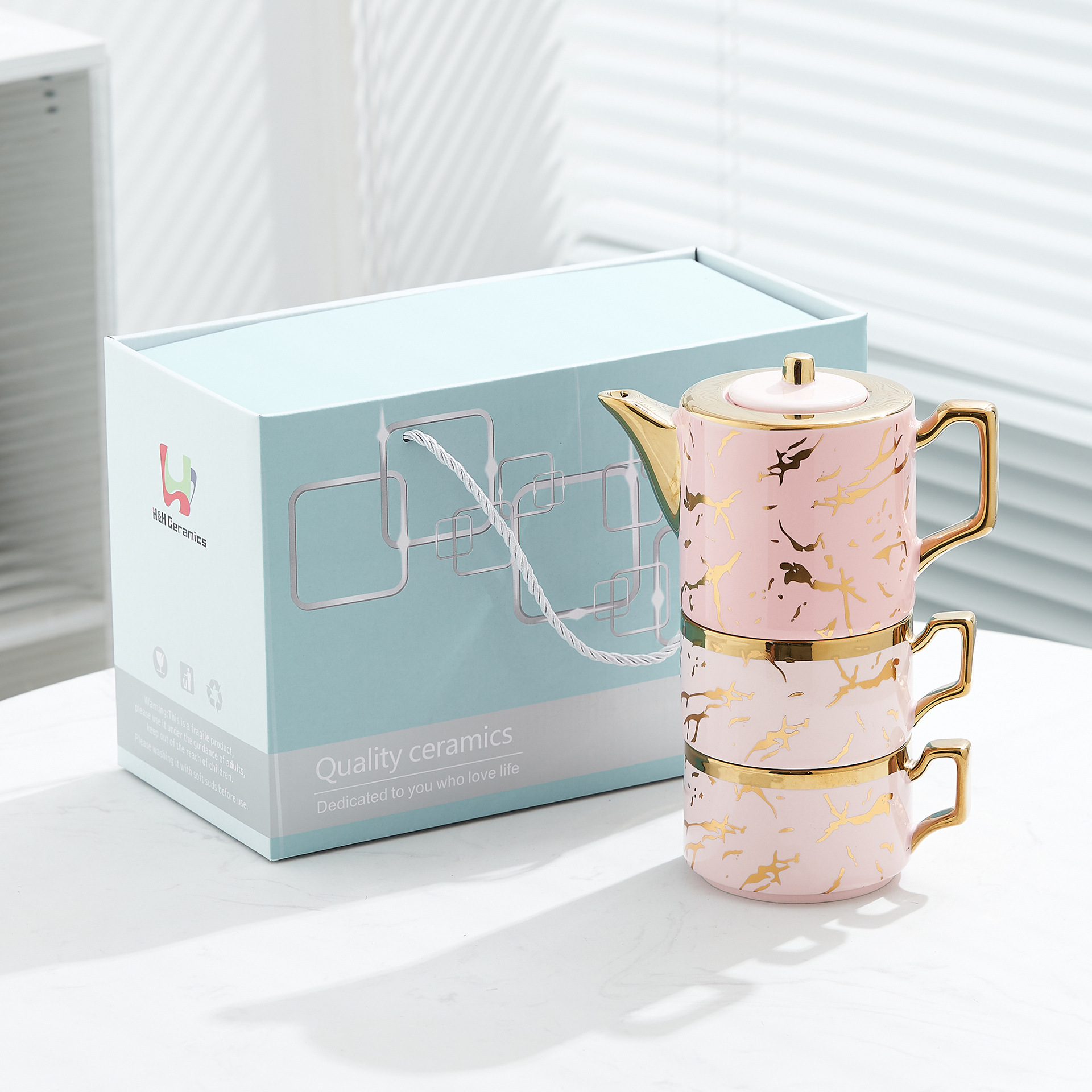 Oro marbling flor juego de té Nordic ins juego de té traje Luz de lujo tarde juego de té caja de regalo embalaje