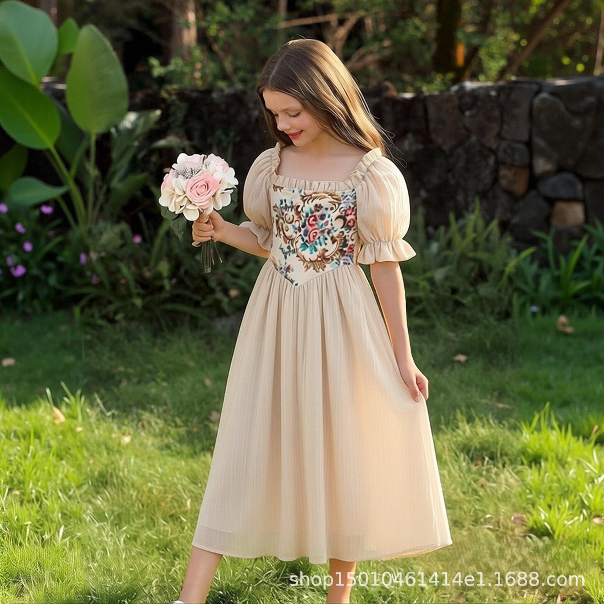Cross-Border 26 Summer Pastoral Fresh Style Girls' Dress, Big Kids' Puff Sleeve Waist-Cinching Princess Dress, Direct Supply from the Manufacturer