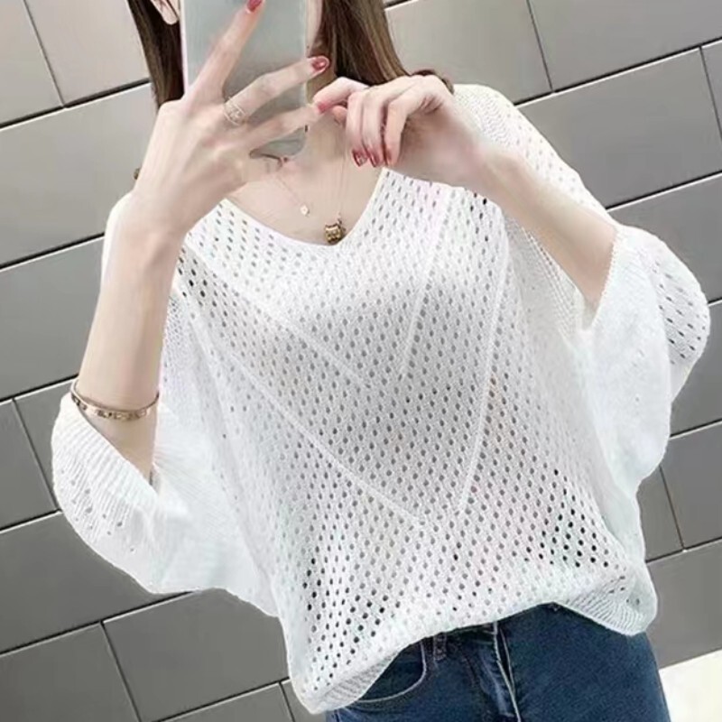 Seven-point Sleeve Short Top Summer Thin V-neck Batwing Sleeve T-shirt Women's Blouse Loose plus size Hollow Knit Shirt Women