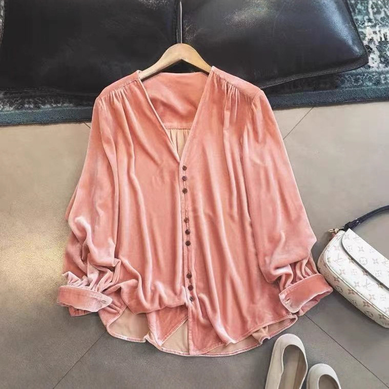 Silk Velvet V Neck Slim Long-Sleeved Shirt for Women Autum New Style Cardigan Jacket Mulberry Silk Elegant Shirt