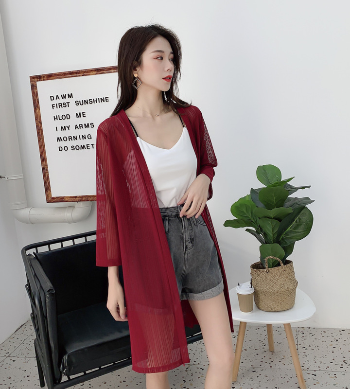 Sunscreen Clothing Summer Nine-point Sleeve Long Cardigan Loose Simple All-match Solid Color Outer Shawl Summer Thin Air-conditioning Shirt