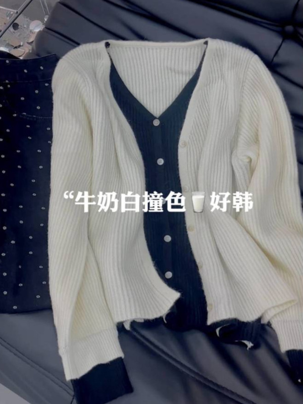 高品质原创！韩系穿搭chic别致假两件早秋撞色针织衫修身显瘦上衣|undefined
