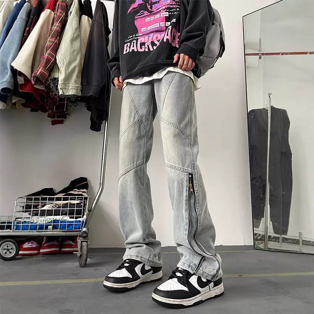 美式复古拉链牛仔裤男春季2024新款百搭直筒微喇裤子高街vibe潮牌