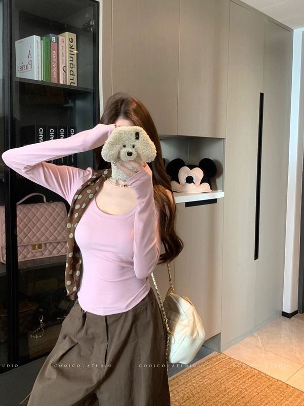 设计感长袖打底衫女2025新款早秋黑色t恤修身短款巨好看轻熟上衣|undefined
