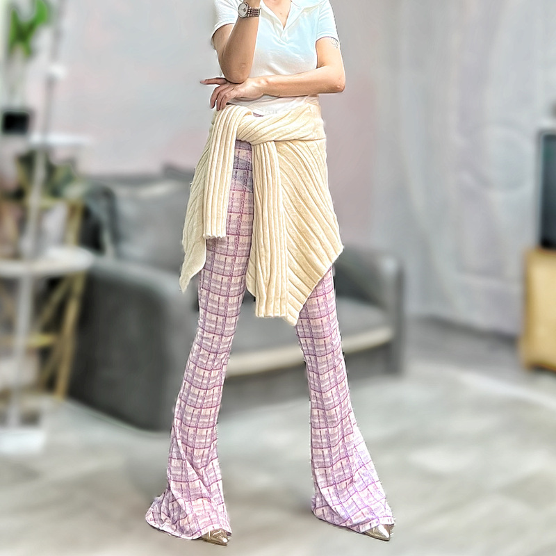 European and American Style Flared Pants with Colorful Plaid Print, High-Waisted, Tight-Fitting, Hip-Hugging, Slightly Sheer Yoga Dance Pants for Women