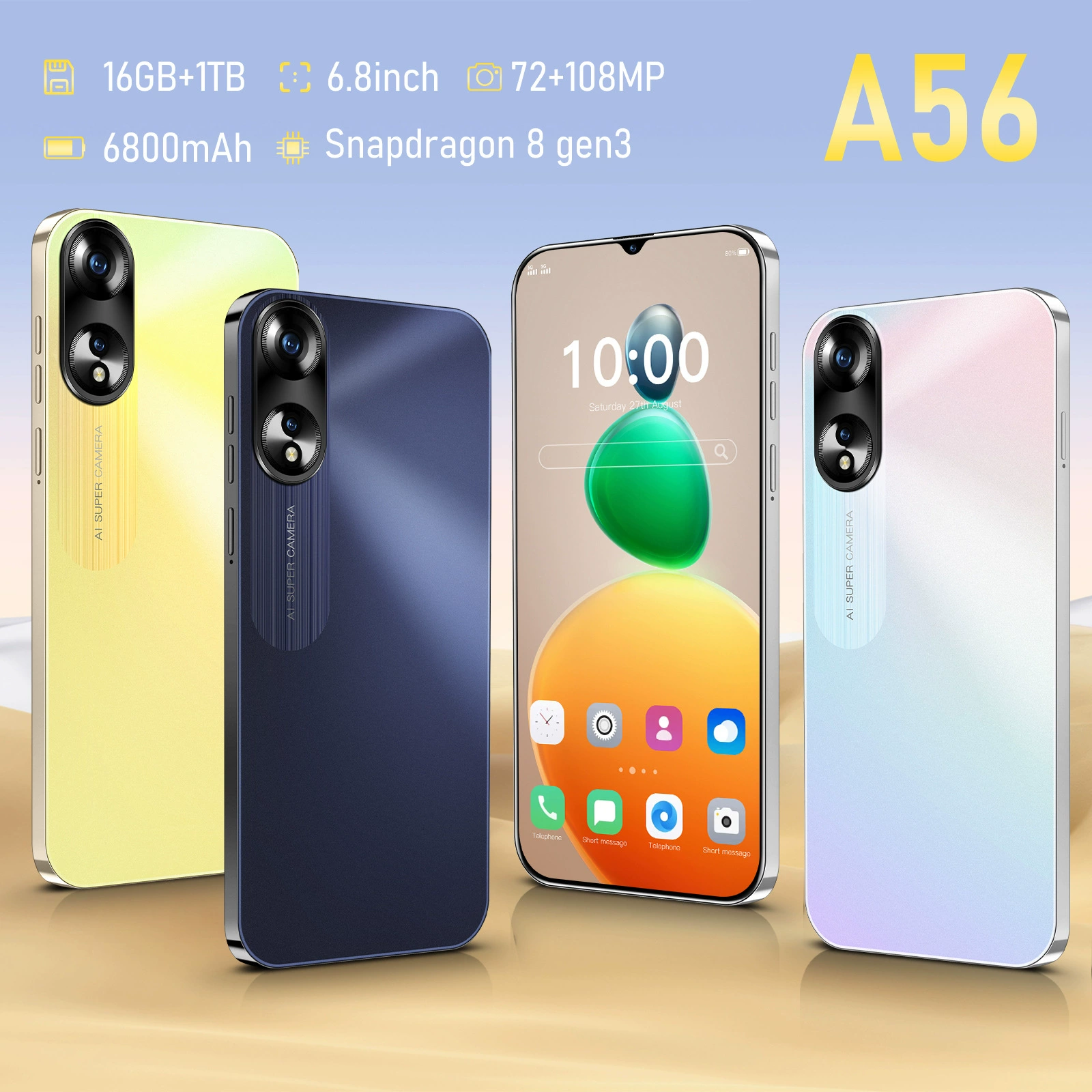 A56 умный 5G мобильный телефон 7.3 дюймов экран с дыркой посреди 16+1TB импорт источник заводская цена полный экран