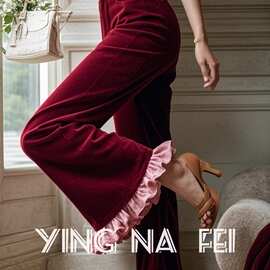 冬款女装长裤子2025新款今年流行高腰显瘦红色花边微喇直筒裤