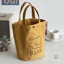 日系刺绣小熊水桶型托特帆布包简约百搭小容量手提便当餐盒女包