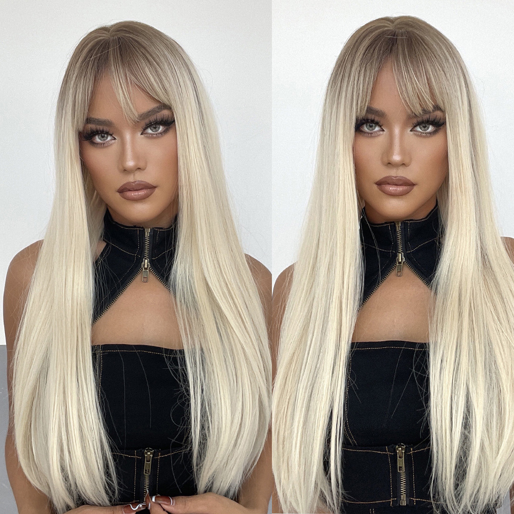 Synthetic New Qi Liu Hai Gradient Gray Long Straight Hair Chemical Fiber High Temperature Silk Wigs Wig Headband_voghion.com