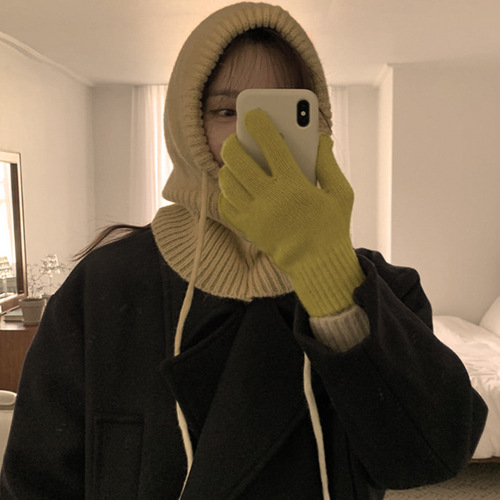 Korean Baraklava Hat Women Autumn Winter Ear Protection Hat Scarf Hooded Scarf Integrated Knitted Woolen Neck Gaiter Hat