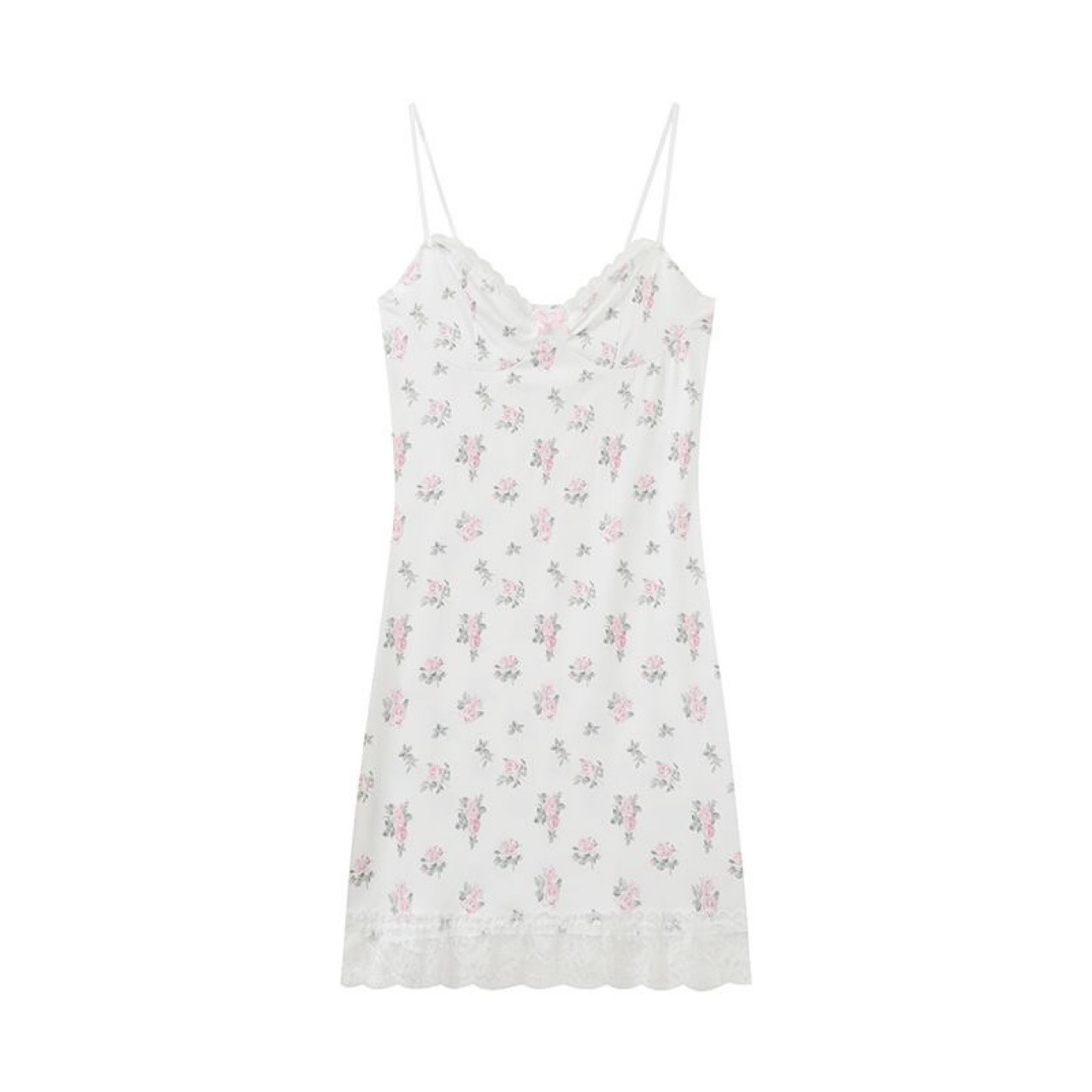 Lace Strap Nightdress Slim-Fit Printed Polyester Chemise in White with Purple Trim — detail image 5
