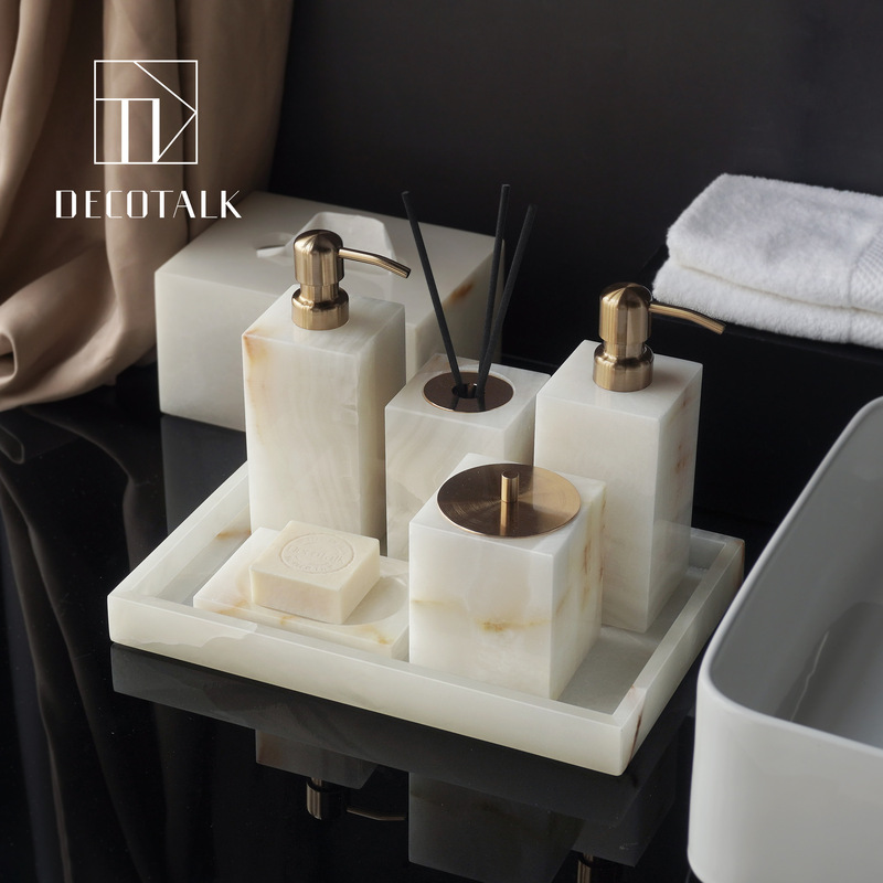 Decotalk Accessible Luxury Mid-Century Style White Jade Natural Marble Bathroom Toiletry Set Aromatherapy Tissue Box Tray