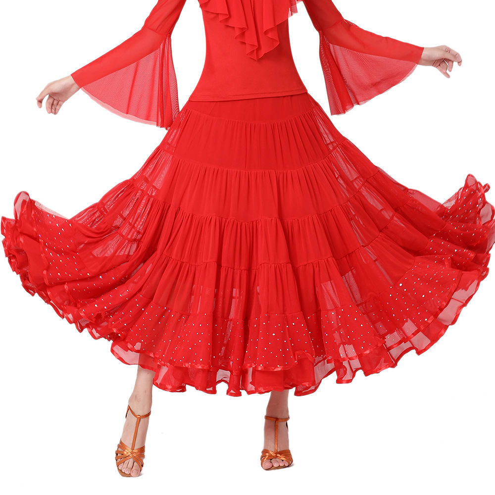 Modern ballroom dance costume, full skirt, mesh skirt, midi skirt, dance practice outfit, dance performance costume, long skirt.