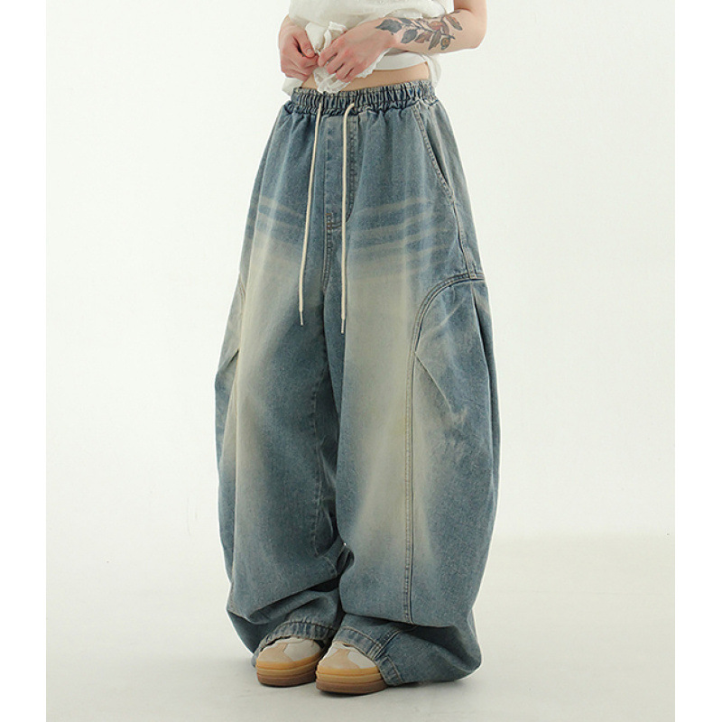 2025春季复古水洗松紧腰个性拼接工装风阔腿牛仔裤长裤子女