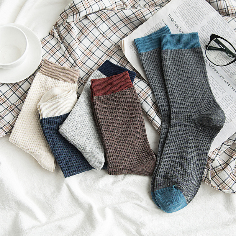 Mid-Calf Cotton Socks for Men, Autumn and Winter Style, Color-Blocked, Double-Needle Waffle Pattern, Street Fashion, Japanese Style, Breathable High-Calf Cotton Socks Mid-Calf Cotton Socks for Men, Autumn and Winter Style, Color-Blocked, Double-Needle Waffle Pattern, Street Fashion, Japanese Style, Breathable High-Calf Cotton Socks