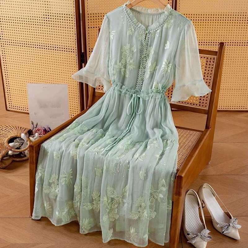 Summer New Silk Dress with Embroidery, Slimming 2026 High-End Dress, Elegant Embroidered Long Dress with Patchwork