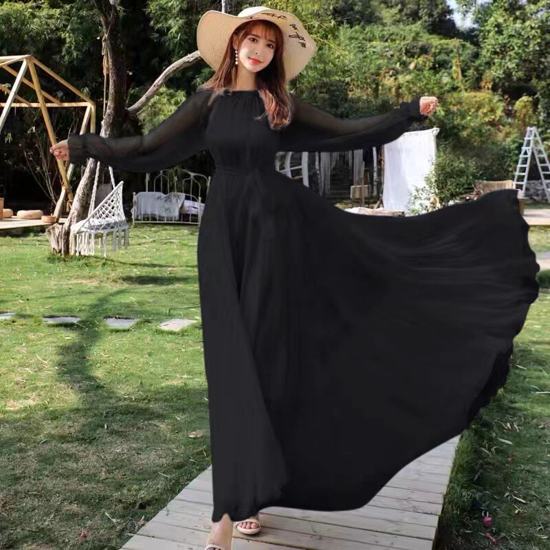 2025 Beach Skirt Chiffon Extra Long Fairy Long Skirt Large Hem Spring and Summer Skirt Long Sleeves Loose Lace-Up Large Size Dress