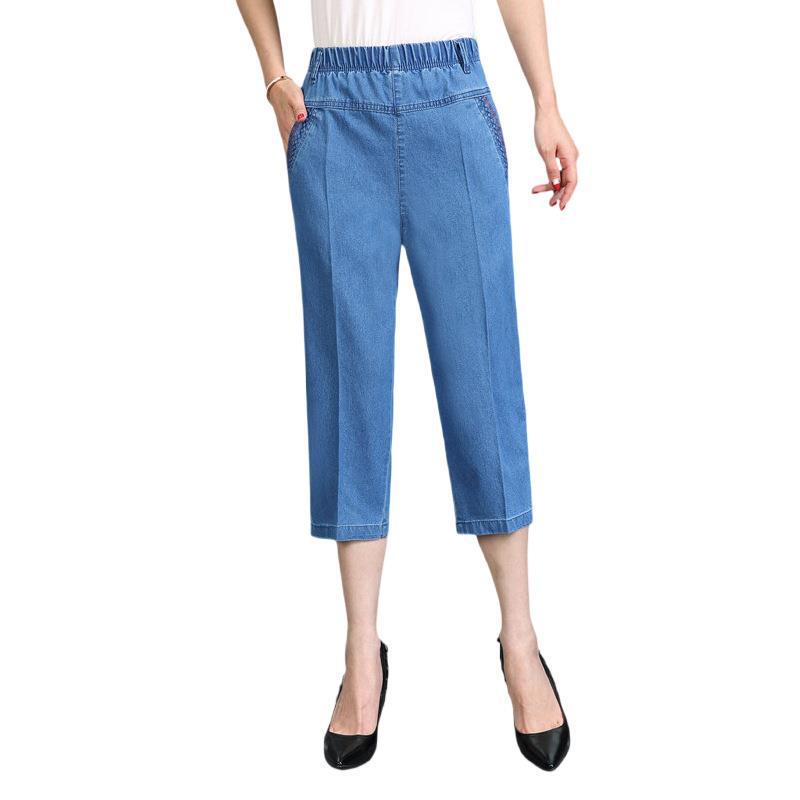 Summer Thin Elastic Waistband Cropped Jeans for Middle-Aged and Elderly Women, Loose Straight-Leg Mid-Length Pants, Plus Size Mom Shorts