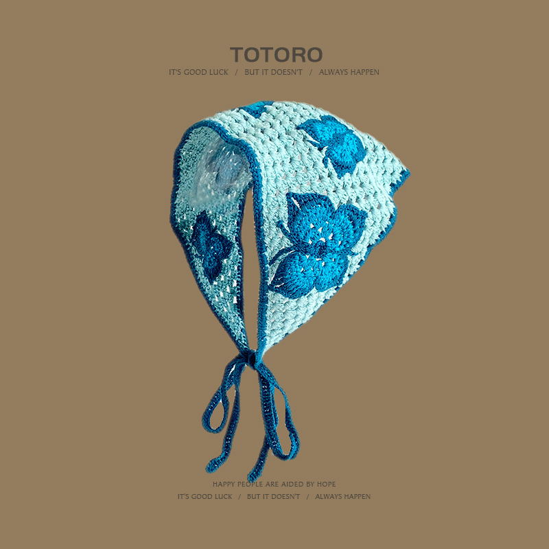 Turbante retro francés, bufanda triangular para mujer, diadema, salida de primavera y verano, dulce y lindo, estilo artístico de ganchillo hecho a mano, sombrero de Baotou