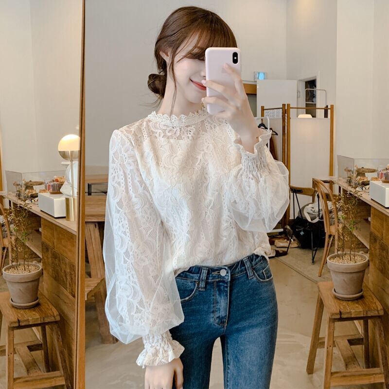 Spring and Autumn New Style White Korean-Style Loose Long-Sleeved Mesh Lantern Sleeve Lace Base Shirt Inner Wear Top Women's Shirt