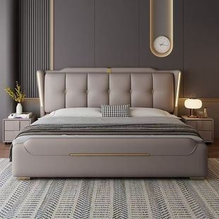 Italian Light Luxury Leather Bed Master Bedroom Double Bed Modern Simple Leather Art Bed Soft Storage Bed Bedroom Luxury Wedding Bed