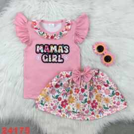 欧美精品店童装外贸批发粉红色花朵mama'sgirl夏季半身裙套装