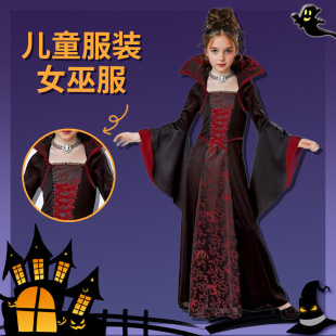 European and American Cross-border Halloween Children's Long-sleeved Witch Suit Vintage Lace-up Collar Flare-sleeved Printed Girls' Long Dress Suit