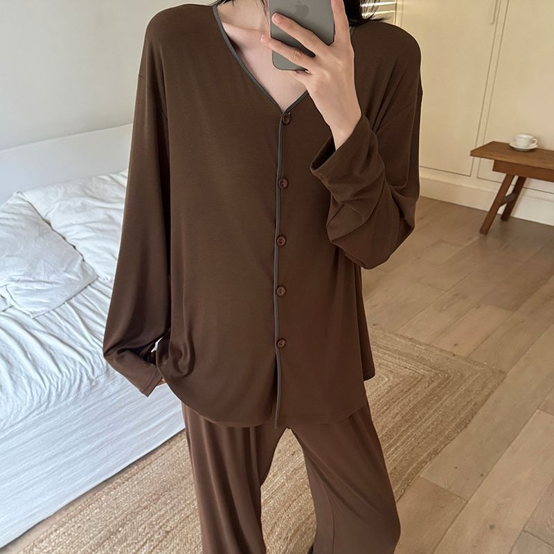 人棉睡衣女款春秋季韩系慵懒风简约开衫长袖两件套装家居服可外穿|undefined