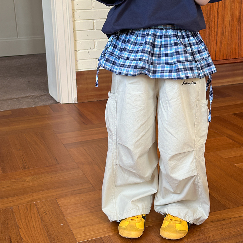 Aimo Beibei Children's Korean-Style Cotton Casual Pants Summer Boys and Girls Fashionable Pleated Letter Cargo Pants Trendy