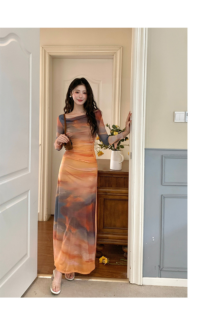 French Spice Girl Sunset Tie-Dye Printed Swinging Neck Mesh Dress Feminine Temperament Slim Waist Skinny Holiday Dress_ecoleips.com