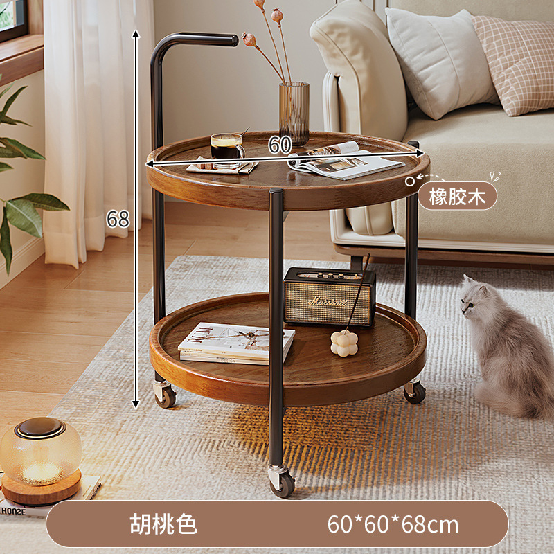 移動可能なサイドのリビングルームの家庭用の小型タイプのプーリー付きのお茶の実木の小さい円卓の置物棚の円形のカート|undefined