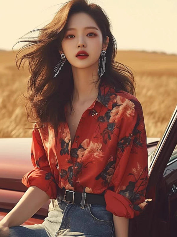 Red Design Sense Niche Loose Long-sleeved Shirt Female Student Spring and Autumn Floral New Lazy Style Casual Top
