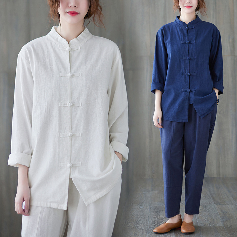 2023 spring and autumn vintage cotton and linen Zen tea clothes Chinese style stand collar buckle long-sleeved top for women 2023 spring and autumn vintage cotton and linen Zen tea clothes Chinese style stand collar buckle long-sleeved top for women