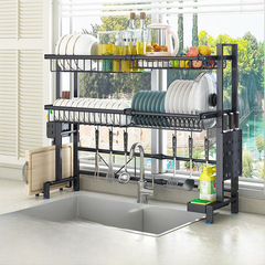 Retractable stainless steel kitchen sink shelf, bowl rack, washing basin drain rack, drying filter bowl and dish storage rack, double-layered