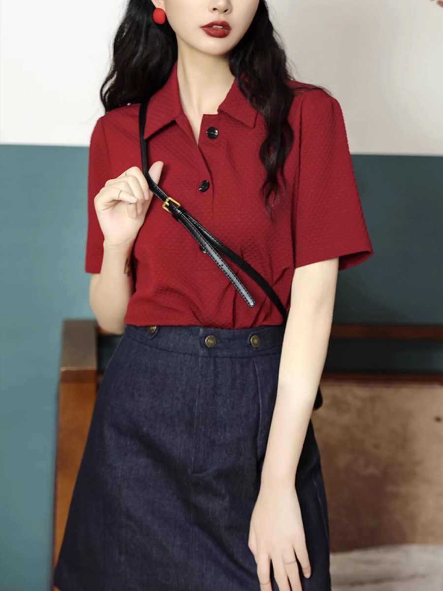 Áo thun nữ cổ POLO phong cách Hồng Kông, form rộng ống đứng, tay ngắn mùa hè — Đỏ anh đào