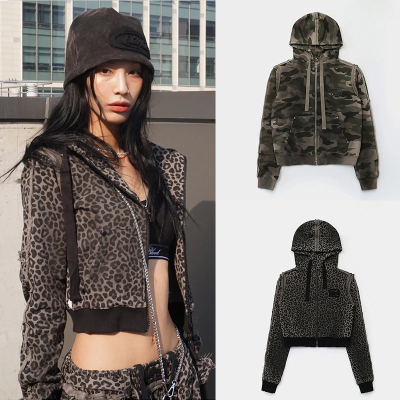 Korean Badblood Bcac Series Retro Distressed Leopard Print Sweatshirt for Women Niche Casual Hooded Jacket